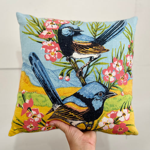 Blue Wren birds vintage tea towel cushion #44
