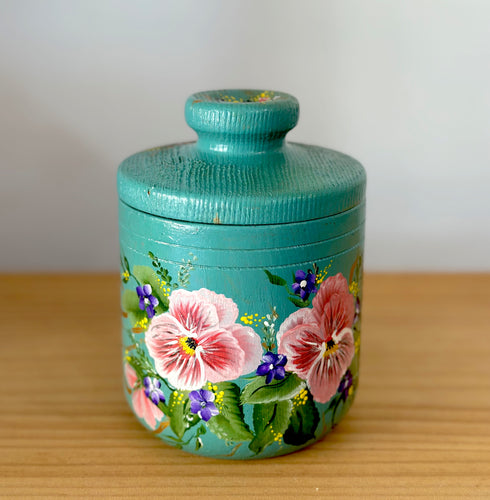 Vintage Wooden Hand Painted jar w/lid