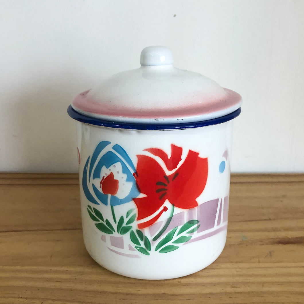 Vintage floral enamel lidded mug canister
